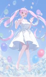 1girl absurdres ahoge aqua_hair aqua_nails balloon bare_arms bare_legs bare_shoulders barefoot blue_sky blush braid breasts cloud cloudy_sky collarbone colored_inner_hair commentary day dress feet hair_tie highres hololive large_breasts long_hair looking_at_viewer minato_aqua multicolored_hair nail_polish nakop98 open_mouth outdoors pink_eyes pink_hair salute sky sleeveless sleeveless_dress smile solo streaked_hair symbol-only_commentary toenail_polish toenails toes twintails two-tone_hair virtual_youtuber white_dress