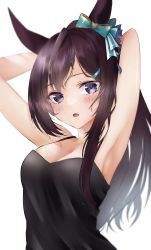 Rule 34 | 1girl, animal ears, armpits, arms up, black hair, blush, breasts, cleavage, commentary request, hair ornament, hairclip, highres, horse ears, horse girl, long hair, looking at viewer, medium breasts, mejiro dober (umamusume), purple eyes, solo, umamusume, white eyes (20220506white)