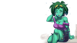 Rule 34 | 1girl, :d, arm behind back, arm behind head, bare arms, bare legs, bare shoulders, belt, blush, bottle, breasts, cleavage, collarbone, colored skin, crop top, earrings, closed eyes, fangs, female focus, green skin, hairband, highres, jewelry, large breasts, messy hair, no bra, open mouth, plague of gripes, rottytops, shantae (series), short hair, shorts, simple background, sitting, skull, skull earrings, smile, solo, stitches, strap gap, strap slip, tank top, white background, zombie
