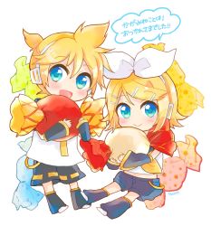 Rule 34 | 1boy, 1girl, black collar, black legwear, black shorts, black sleeves, blonde hair, blue eyes, blush, bow, brother and sister, candy, chibi, collar, crop top, detached sleeves, food, hair bow, hair ornament, hairclip, headphones, highres, holding, holding candy, holding food, kagamine len, kagamine rin, leg warmers, light blush, looking at viewer, neckerchief, necktie, oversized food, oversized object, sailor collar, school uniform, shiroro69, shirt, short hair, short ponytail, short sleeves, shorts, siblings, sleeveless, sleeveless shirt, smile, spiked hair, swept bangs, translated, twins, vocaloid, white bow, white shirt, yellow neckerchief