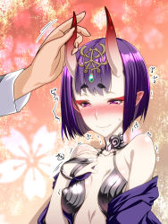 Rule 34 | 1girl, bare shoulders, blush, bob cut, breasts, closed mouth, ebido, fate/grand order, fate (series), fujimaru ritsuka (male), highres, horn grab, horns, oni, pale skin, pointy ears, purple eyes, purple hair, short hair, shuten douji (fate), skin-covered horns, small breasts, solo focus, uncommon stimulation, upper body, wavy mouth