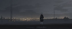 Rule 34 | 1girl, absurdres, bag, beach, boots, city, city lights, cloud, cloudy sky, from behind, highres, hood, hoodie, laluna, night, ocean, original, outdoors, pleated skirt, puddle, reflection, reflective water, scenery, short hair, skirt, sky, solo, tower, walking, white hair