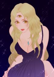 Rule 34 | 1girl, black dress, blonde hair, breasts, cleavage, closed mouth, dress, extra eyes, jewelry, lipstick, long hair, looking at viewer, makeup, medium breasts, necklace, opera vectra, red lips, solo, sparkle, star ocean, star ocean the second story, third eye, weave, yellow eyes