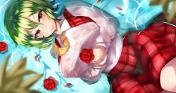 Rule 34 | 1girl, absurdres, alternate eye color, alternate neckwear, bad id, bad pixiv id, blurry, blurry foreground, breasts, caustics, collared shirt, commentary request, expressionless, flower, from above, green hair, hair between eyes, highres, hip focus, huge breasts, in water, kazami yuuka, knee up, leaf, long sleeves, looking at viewer, lying, necktie, on back, orange eyes, parted lips, petals, pink lips, plaid, plaid skirt, red skirt, ripples, rose, rose petals, see-through, shirt, skirt, solo, thick thighs, thighs, tiamat (momokuri mannen), touhou, tree, wet, wet clothes, wet hair, wet skirt, white shirt, yellow necktie