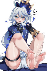 Rule 34 | 1girl, absurdres, barefoot, blue eyes, blue hair, blush, cero (cerocero), feet, furina (genshin impact), genshin impact, hat, highres, light blue hair, long hair, looking at viewer, open mouth, short shorts, shorts, soles, toes