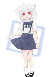 Rule 34 | 1girl, absurdres, alternate costume, animal ear fluff, animal ears, black footwear, blue bow, blue skirt, blush, bow, collared shirt, dress shirt, hair between eyes, highres, inubashiri momiji, kibisake, looking at viewer, mary janes, open mouth, pleated skirt, red eyes, school uniform, shirt, shoes, short hair, short sleeves, silver hair, skirt, skirt hold, socks, solo, standing, suspender skirt, suspenders, thick eyebrows, touhou, white background, white shirt, white socks, wolf ears