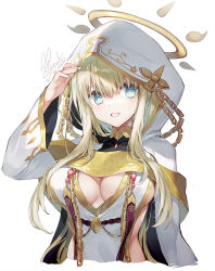 Rule 34 | 1girl, :d, arm up, blonde hair, blue eyes, breasts, cleavage, cloak, commentary request, cropped torso, dress, flower knight girl, hair between eyes, halo, hood, hood up, hooded cloak, large breasts, long hair, long sleeves, looking at viewer, open mouth, satsuki misuzu, signature, simple background, smile, solo, upper body, white background, white cloak, white dress, wide sleeves