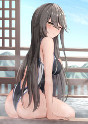 Rule 34 | 1girl, akahi242, alternate costume, arm support, ass, black hair, blush, breasts, brown eyes, closed mouth, competition swimsuit, fingernails, hair between eyes, haruna (kancolle), highres, hot spring, jitome, kantai collection, large breasts, long hair, looking at viewer, looking back, mountain, one-piece swimsuit, onsen, open mouth, sitting, smile, solo, swimsuit, towel, two-tone swimsuit, wedgie, wide hips