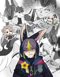 Rule 34 | 1girl, 3boys, absurdres, albedo (genshin impact), animal ears, black gloves, black hair, chibi, chibi inset, collage background, crossed arms, cyno (genshin impact), flower, genshin impact, gloves, green eyes, green hair, hair between eyes, highres, hood, hood down, hoodie, medal, multicolored hair, multiple boys, multiple views, nahida (genshin impact), parody, parted lips, shaded face, solo focus, sweat, tamayadayo, tighnari (genshin impact), two-tone hair, upper body, yellow flower