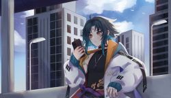 Rule 34 | 1boy, ahoge, arm tattoo, astelxia, bare shoulders, bird, black hair, building, closed mouth, cloud, cloudy sky, collar, day, diamond-shaped pupils, diamond (shape), facial mark, forehead mark, genshin impact, green hair, green nails, highres, holding, holding phone, jacket, jewelry, lamppost, long hair, male focus, multicolored hair, nail polish, necklace, parted bangs, phone, sky, solo, symbol-shaped pupils, tattoo, xiao (genshin impact), yellow eyes