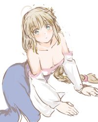 Rule 34 | 1girl, absurdres, arc the lad, arc the lad ii, bare shoulders, blonde hair, blue eyes, blush, braid, breasts, cleavage, closed mouth, collarbone, dress, highres, lieza (arc the lad), long hair, looking at viewer, low-tied long hair, medium breasts, shimura (hosshi), simple background, single braid, sketch, solo, very long hair, white background
