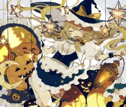 Rule 34 | 1girl, black hat, blonde hair, blush, bow, breasts, brown bow, brown ribbon, crescent, hair bow, halloween, hat, hat bow, hat ribbon, highres, jack-o&#039;-lantern, kirisame marisa, lantern, large breasts, looking at viewer, one eye closed, open mouth, puffy short sleeves, puffy sleeves, ribbon, satsuki (miicat), short sleeves, smile, solo, touhou, witch hat