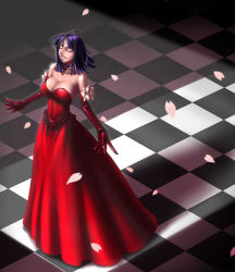 Rule 34 | 1girl, bare shoulders, blush, breasts, checkered background, choker, cleavage, dress, elbow gloves, closed eyes, female focus, gloves, gown, kagami hirotaka, nico robin, one piece, parted lips, petals, red dress, red gloves, shade, solo, standing, strapless, strapless dress