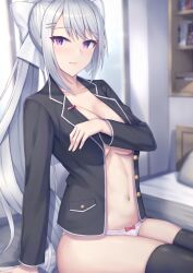 Rule 34 | 1girl, black jacket, black thighhighs, blazer, blurry, blurry background, bow, bow panties, breasts, closed mouth, covering privates, covering breasts, grey hair, hair bow, hair ornament, hairclip, higuchi kaede, higuchi kaede (1st costume), indoors, jacket, large breasts, light blush, long hair, looking at viewer, mole, mole under eye, navel, nijisanji, no bra, ohguro mariya, on bed, open clothes, open jacket, panties, ponytail, purple eyes, school uniform, shelf, sitting, thighhighs, underwear, very long hair, virtual youtuber, white bow, white panties
