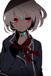 Rule 34 | 1boy, blood, blood on face, blue jacket, closed mouth, commentary request, grey hair, hand up, hiiragi fuyuki, jacket, long sleeves, looking at viewer, male focus, neck ribbon, original, red eyes, red ribbon, ribbon, simple background, solo, white background