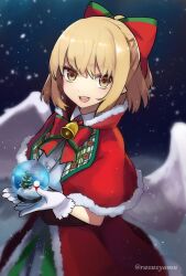 Rule 34 | 1girl, alternate costume, bell, blonde hair, bow, breasts, capelet, christmas, christmas ornaments, dress, gengetsu (touhou), gloves, hair bow, highres, medium breasts, night, night sky, open mouth, pointy ears, razuzyamu, red capelet, red dress, red ribbon, ribbon, shirt, short hair, short sleeves, sky, smile, snow globe, snowing, teeth, touhou, touhou (pc-98), upper teeth only, white gloves, white shirt, white wings, wings, yellow eyes