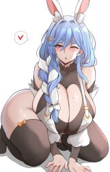 Rule 34 | 1girl, animal ears, black thighhighs, blue hair, blush, bow, braid, breasts, cleavage, cleavage cutout, clothing cutout, collarbone, covered collarbone, curvy, hair ornament, hairclip, heart, heart cutout, highres, hololive, huge breasts, lainart, long hair, looking at viewer, mature female, mole, mole on breast, multicolored hair, one eye closed, pekomama, red eyes, solo, spoken heart, thick eyebrows, thick thighs, thighhighs, thighs, two-tone hair, virtual youtuber, white background, white hair