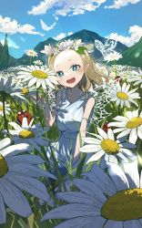 Rule 34 | 1girl, absurdres, blonde hair, blush, bright pupils, bug, butterfly, butterfly wings, cloud, collarbone, commentary request, daisy, day, flower, grass, hair flower, hair ornament, hand up, highres, houkou illust, insect, insect wings, ladybug, looking at viewer, mini person, minigirl, mole, mole under mouth, mountainous horizon, open mouth, original, outdoors, pointing, shirt, skirt, sleeveless, sleeveless shirt, smile, solo, white pupils, white skirt, wings