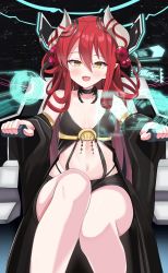 Rule 34 | 1girl, absurdres, aventador, black skirt, blush, breasts, choker, commentary, detached sleeves, duel monster, fang, highres, holographic interface, horns, long hair, long sleeves, looking at viewer, midriff, navel, pointy ears, red hair, revealing clothes, shorts, sitting, skirt, sleeveless, small breasts, solo, thighs, traptrix allomerus, yellow eyes, yu-gi-oh!