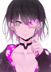 Rule 34 | 1girl, android, arm at side, artificial eye, barcode, black choker, black hair, black jacket, blue eyes, blush, breasts, choker, closed mouth, collarbone, commentary request, crying, crying with eyes open, denken, drawstring, earrings, eyelashes, fingernails, flower, gradient hair, hair between eyes, hand up, heterochromia, highres, holding, holding flower, hood, hood down, hooded jacket, jacket, jewelry, long sleeves, looking at viewer, makeup, mascara, mechanical eye, multicolored hair, nail polish, open clothes, open jacket, original, petals, purple flower, purple hair, purple nails, red eyes, simple background, smile, solo, streaming tears, stud earrings, symbol-shaped pupils, tears, upper body, white background