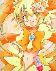 Rule 34 | 10s, 1girl, blonde hair, bow, brooch, cure sunshine, eyelashes, heart, heart brooch, heartcatch precure!, kazra, long hair, magical girl, midriff, myoudouin itsuki, navel, open mouth, orange background, orange bow, orange skirt, orange theme, precure, shikishi, skirt, solo, traditional media, twintails, wrist cuffs, yellow eyes