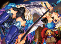 Rule 34 | 2girls, :o, alice (odin sphere), arm warmers, armor, armored dress, bare shoulders, black bow, blonde hair, blue eyes, book, bow, breasts, cat, chair, cleavage, colored sclera, greaves, gwendolyn (odin sphere), hair bow, miniskirt, multicolored wings, multiple girls, odin sphere, polearm, pteruges, purple eyes, short hair, short twintails, sitting, skirt, socrates (odin sphere), spear, thighhighs, tiara, twintails, weapon, white hair, wings, yellow sclera, zunta