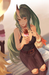 Rule 34 | 2girls, absurdres, arknights, bare shoulders, belt, belt buckle, black pants, blonde hair, breasts, buckle, camisole, clothing cutout, collarbone, day, detached sleeves, food, green hair, highres, holding, holding food, horns, hoshiguma (arknights), ice cream cone, jewelry, long hair, long sleeves, looking at another, looking to the side, medium breasts, multiple girls, necklace, official alternate costume, open mouth, orange eyes, outdoors, pants, ponytail, scar, scar on face, single detached sleeve, sitting, skin-covered horns, skyregalias, solo focus, swire (arknights), very long hair
