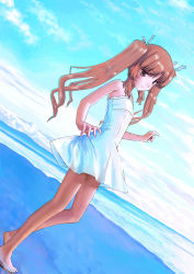 Rule 34 | 10s, 1girl, ano natsu de matteru, bare legs, bare shoulders, barefoot, beach, blue sky, brown eyes, brown hair, closed mouth, cloud, day, dress, feet, flat chest, hair ribbon, highres, long hair, long legs, mocha, ocean, outdoors, ribbon, see-through, skirt, sky, smile, solo, twintails, water, white dress, white skirt, yamano remon