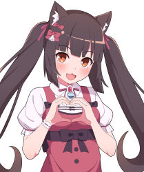 Rule 34 | 1girl, :3, absurdres, animal ear fluff, animal ears, blunt bangs, blunt ends, blush, bow, brown eyes, brown hair, cat ears, cat girl, cat tail, chocola (nekopara), collared shirt, commentary, dress, fang, hair bow, hair ribbon, hands up, happy, heart, heart hands, highres, long hair, looking at viewer, nekopara, open mouth, puffy short sleeves, puffy sleeves, red bow, red dress, red ribbon, ribbon, shirt, short sleeves, sidelocks, simple background, skin fang, sleeveless, sleeveless dress, smile, solo, tail, twintails, upper body, very long hair, white background, white shirt, zlmh7okwwbmghfo