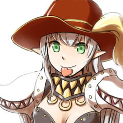 Rule 34 | 1girl, armor, breasts, cleavage, closed mouth, commentary request, genetic (ragnarok online), green eyes, heart, heart in mouth, living clothes, long hair, looking at viewer, medium breasts, natsuya (kuttuki), pauldrons, plume, pointy ears, ragnarok online, red headwear, shoulder armor, simple background, smile, solo, teeth, upper body, white background, white hair