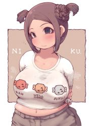 Rule 34 | 1girl, arms behind back, blouse, blue eyes, blush, breasts, brown hair, dot nose, double bun, fat rolls, head tilt, ibukichi, large breasts, looking at viewer, medium hair, monster hunter (series), navel, parted hair, plump, shirt, sidelocks, solo, steaming body, sweat, t-shirt, tareme, taut clothes, taut shirt, tied shirt, tight clothes, tight shirt, uniqlo, upper body, wavy mouth, white shirt