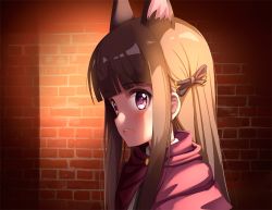 Rule 34 | 1girl, ame., animal ear fluff, animal ears, black bow, blunt bangs, blush, bow, brick wall, brown hair, capelet, commentary request, from side, hair bow, kasumi (shironeko project), long hair, looking away, open mouth, princess connect!, purple eyes, red capelet, sidelocks, solo, teeth, upper body, upper teeth only