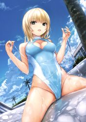 Rule 34 | 1girl, absurdres, aqua eyes, bare arms, bare shoulders, blonde hair, blue one-piece swimsuit, blue sky, breasts, building, bush, cleavage cutout, clothing cutout, cloud, cloudy sky, coffee-kizoku, competition swimsuit, day, groin, hands up, highleg, highleg leotard, highleg swimsuit, highres, leotard, looking at viewer, lotion, medium breasts, medium hair, mele retanagua, one-piece swimsuit, open mouth, original, outdoors, palm tree, scan, shiny clothes, shiny skin, skindentation, sky, solo, straddling, swimsuit, thighs, tree, wet