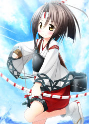 Rule 34 | 10s, 1girl, arrow (projectile), bow (weapon), brown eyes, brown hair, gloves, headband, inuarashi, japanese clothes, kantai collection, muneate, partially fingerless gloves, partly fingerless gloves, personification, ponytail, single glove, solo, weapon, yugake, zuihou (kancolle)