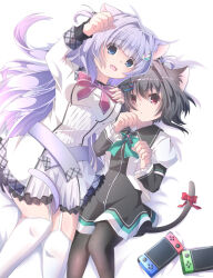 2girls 9-nine- :d animal_ear_fluff animal_ears arm_up bed_sheet black_dress black_pantyhose blue_eyes blunt_bangs blush bow breasts butterfly_hair_ornament cat_ears cat_girl cat_tail commentary_request dress expressionless eyes_visible_through_hair feet_out_of_frame frilled_dress frilled_sleeves frills fuyu_(winter90290612) garter_straps green_bow hair_between_eyes hair_intakes hair_ornament hair_spread_out hairclip hands_up highres juliet_sleeves kemonomimi_mode kousaka_haruka large_breasts long_hair long_sleeves lying multiple_girls nintendo_switch on_back open_mouth pantyhose parted_lips paw_pose pink_ribbon puffy_sleeves purple_hair raised_eyebrows red_eyes ribbon school_uniform short_dress short_hair shy side-by-side simple_background smile tail thighhighs very_long_hair white_background white_dress white_thighhighs wide_sleeves yuuki_noa zettai_ryouiki