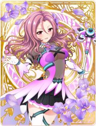 Rule 34 | 10s, battle girl high school, breasts, curly hair, flower, gloves, hair ornament, highres, long hair, looking at viewer, mole, mole under eye, navel, official art, open mouth, petals, purple eyes, purple hair, serizawa renge, solo, wand
