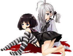Rule 34 | 2girls, abe kanari, all fours, arm support, barefoot, black hair, blue eyes, blush, crossed ankles, garter straps, grey eyes, hair over one eye, jitome, kneeling, long sleeves, lying, lying on person, multiple girls, on stomach, original, school uniform, serafuku, short hair, silver hair, simple background, sitting, skirt, striped clothes, striped legwear, striped thighhighs, sweater, the pose, thighhighs