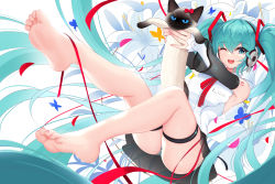 Rule 34 | 1girl, ;d, absurdly long hair, animal, aqua eyes, aqua hair, arms up, bare legs, barefoot, black skirt, bow, bug, butterfly, cat, commentary, detached sleeves, feet, fingernails, flower, foot focus, full body, hair between eyes, hatsune miku, hatsune miku (nt), headphones, highres, holding, holding animal, holding cat, insect, legs, long hair, long sleeves, looking at viewer, nail polish, nekoda (maoda), one eye closed, open mouth, panties, pink nails, red bow, ribbon, shirt, skirt, sleeveless, sleeveless shirt, smile, soles, solo, striped clothes, striped panties, teeth, thigh strap, toenail polish, toenails, toes, underwear, upper teeth only, very long hair, vocaloid, white flower, white shirt