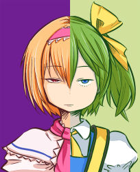 Rule 34 | 2girls, alice margatroid, blonde hair, blue eyes, blue vest, bow, capelet, closed mouth, collared shirt, commentary request, cookie (touhou), daiyousei, diyusi (cookie), expressionless, frilled hairband, frills, green background, green hair, hair between eyes, hair bow, hairband, highres, hinase (cookie), looking at viewer, multiple girls, neck ribbon, necktie, pink hairband, pink necktie, purple background, red eyes, ribbon, shirt, short hair, side ponytail, split screen, touhou, upper body, vest, white capelet, white shirt, yellow bow, yellow ribbon, youreizou (lower than -273.15c)