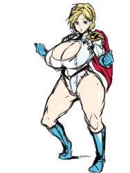 Rule 34 | 1girl, animification, blonde hair, boots, breasts, cape, cleavage, cleavage cutout, clothing cutout, curvy, dc comics, huge breasts, kei (bekei), legs, plump, power girl, short hair, shoulder pads, solo, thick thighs, thighs