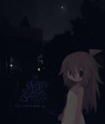 Rule 34 | 1girl, branch, brown hair, closed mouth, dark, dress, english text, hair between eyes, highres, holding, holding branch, long hair, looking at viewer, night, original, outdoors, photo background, red eyes, reitoubeef, sleeveless, sleeveless dress, solo, white dress