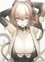 Rule 34 | 1girl, absurdres, alternate costume, armpits, arms behind head, arms up, azur lane, black choker, black leotard, black thighhighs, breasts, brown eyes, choker, cleavage, closed mouth, condom, cross, cross necklace, cum, cum on body, cum on breasts, cum on upper body, demon girl, demon tail, drooling, elbow gloves, garter straps, gloves, hair between eyes, halloween costume, head wings, heart, heart-shaped pupils, highres, horns, jewelry, large breasts, leotard, necklace, roon (azur lane), saliva, silver hair, smile, solo, symbol-shaped pupils, tail, thighhighs, used condom, wings, yellow eyes, yusha m