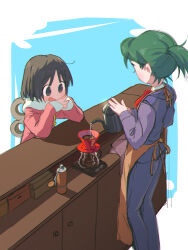 Rule 34 | 2girls, absurdres, android, apron, barista, brown eyes, brown hair, chromatic aberration, coffee filter, coffee grinder, coffee maker, counter, crossover, drawstring, elbow rest, facing another, green hair, hatsuseno alpha, head rest, highres, holding, holding kettle, hood, hood down, hoodie, jean bomjan, kettle, kitchen scale, looking at object, medium hair, multiple girls, necktie, nichijou, no earrings, open mouth, pants, pink hoodie, pitcher (container), ponytail, pouring, red necktie, shinonome nano, shirt, simple background, smile, trait connection, two-tone background, weighing scale, winding key, yokohama kaidashi kikou