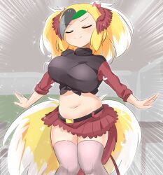 Rule 34 | 1girl, belt, bird tail, bird wings, black belt, black hair, blonde hair, bow, breasts, closed eyes, crop top, greater bird-of-paradise (kemono friends), green hair, grey hair, head wings, heart, kemono friends, kemono friends 3, large breasts, lets0020, long hair, midriff, multicolored hair, navel, pink thighhighs, red skirt, red tail, red undershirt, red wings, shirt, simple background, skirt, smile, solo, tail, thick thighs, thighhighs, thighs, white hair, wings, yellow eyes, yellow tail