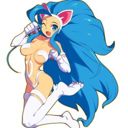 Rule 34 | 1girl, animal ears, animal hands, blue eyes, breasts, capcom, cat ears, collarbone, fang, felicia (vampire), female focus, full body, large breasts, long hair, looking at viewer, metata, navel, open mouth, simple background, solo, vampire (game), very long hair, white background