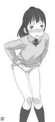 Rule 34 | 1girl, blush, embarrassed, female focus, monochrome, open mouth, panties, ponytail, satsuyo, simple background, solo, underwear