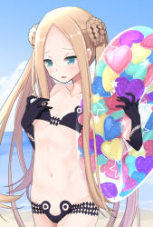 Rule 34 | 1girl, abigail williams (fate), abigail williams (swimsuit foreigner) (fate), abigail williams (swimsuit foreigner) (first ascension) (fate), artist request, bare shoulders, beach, bikini, black bikini, blonde hair, blue eyes, blue sky, blush, braid, braided bun, breasts, collarbone, colored eyelashes, day, double bun, fate/grand order, fate (series), forehead, hair bun, hand on own chest, highres, innertube, long hair, navel, ocean, open mouth, parted bangs, shore, sidelocks, sky, small breasts, solo, swim ring, swimsuit, twintails, very long hair