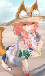 Rule 34 | &gt;:d, 1girl, :d, animal ears, arched back, armband, bad id, bad pixiv id, beach, bikini, blue bikini, bracelet, day, ears through headwear, fang, fate/grand order, fate (series), fox ears, fox print, fox tail, from side, hair between eyes, hat, jewelry, kneeling, long hair, looking at viewer, open mouth, see-through, shirt, short sleeves, smile, solo, straw hat, sun hat, swimsuit, tail, tamamo (fate), tamamo no mae (fate/extra), tamamo no mae (swimsuit lancer) (fate), tamamo no mae (swimsuit lancer) (second ascension) (fate), v-shaped eyebrows, wavy hair, wet, wet clothes, wet shirt, yamaioni (sasakama)