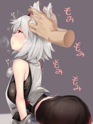 Rule 34 | 1girl, animal ears, ass, asutora, bare shoulders, bent over, black skirt, commentary request, disembodied limb, from side, grey background, hat, highres, inubashiri momiji, pom pom (clothes), profile, red eyes, shirt, short hair, simple background, skirt, sleeveless, sleeveless shirt, solo focus, tokin hat, touhou, translation request, uncommon stimulation, white hair, wolf ears