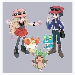 Rule 34 | 1boy, 1girl, :d, ^ ^, artist name, bag, black-framed eyewear, black bag, black bracelet, black footwear, black hair, blonde hair, boots, border, brown footwear, calem (pokemon), chespin, chikafuji, closed eyes, commentary request, creatures (company), cross-laced footwear, cuffs, eyewear on headwear, fennekin, fox, froakie, frog, game freak, gen 6 pokemon, grey background, grey thighhighs, hand in pocket, handbag, hat, highres, long hair, nintendo, one eye closed, open mouth, outstretched arm, pink bag, pokemon, pokemon (creature), pokemon xy, reaching towards another, red headwear, red skirt, serena (pokemon), shoes, short hair, shoulder bag, simple background, skirt, smile, snout, standing, standing on one leg, starter pokemon trio, sunglasses, teeth, thighhighs, twitter username, upper teeth only, white-framed eyewear, white border, yellow fur